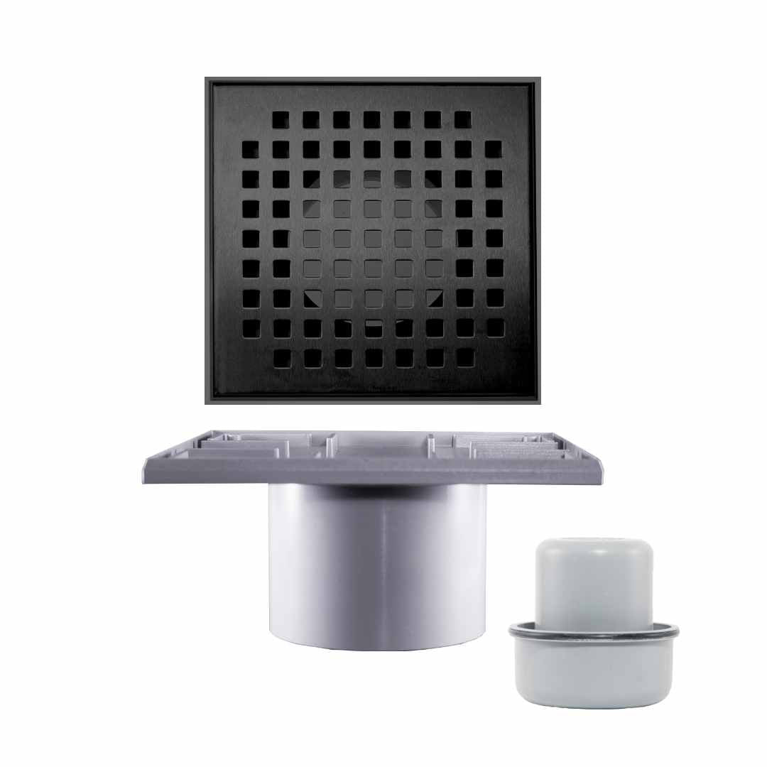 WetFloor Drain 2nd Fix with 200mmx200mm Matt Black Stainless Steel Square Hole Grate
