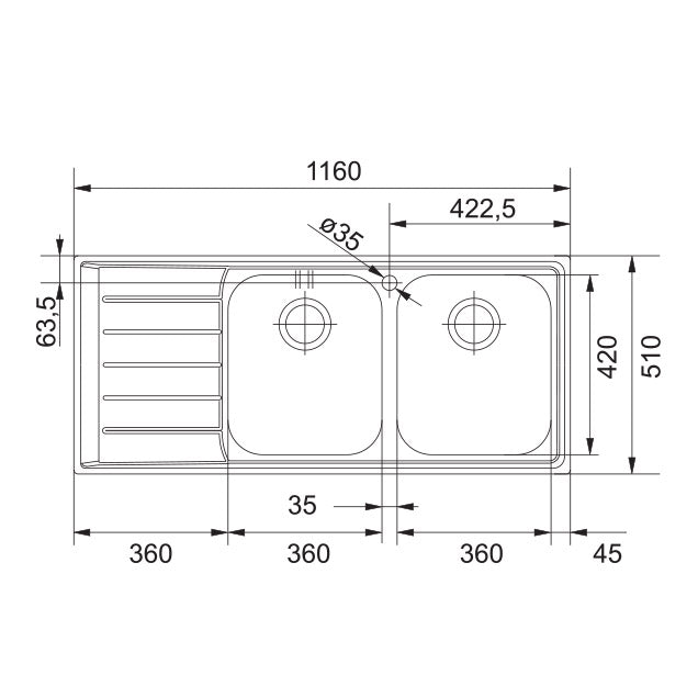 Franke Neptune NEX 621 Double Bowl Stainless Steel Sink 1160 x 510mm – Right Hand Drainer, Includes 90mm Wastes
