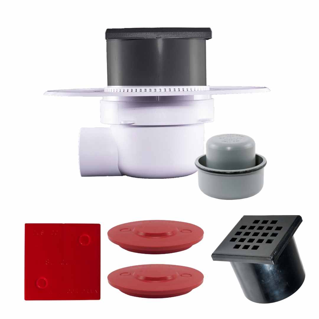 LoloDrain Complete 50mm Side Outlet with 110mmx110mm Matt Black Stainless Steel Square Hole Grate