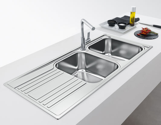 Franke Rapid RPX 621-116 Double Bowl Stainless Steel Sink 1160x500mm, satin sink, waste hole 3 1/2", reversible, with waste kit, without tap hole, with rectangular overflow hole, bag