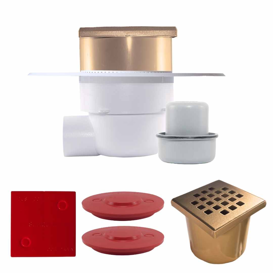 WetFloor 304 All-in-One 50mm Side Outlet with 110mmx110mm Brushed Bronze Square Hole Grate