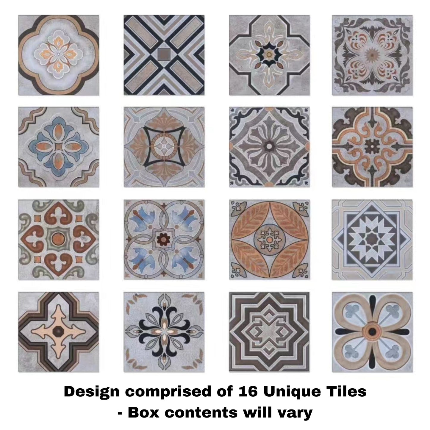 Tile Deco - Moroccan Sunset, 16 Unique Tiles, 200x200mm (Box of 30, 1.2 SQM)