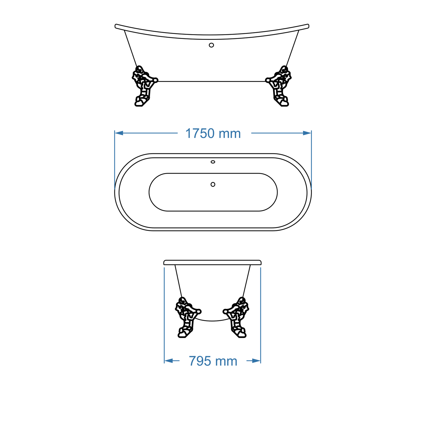 Bath Freestanding Rectangular - Cambridge 1750mm with Cast Iron Feet