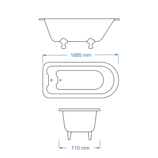 Bath Freestanding Oval - Oxford White with Cast Iron Feet 1685mm