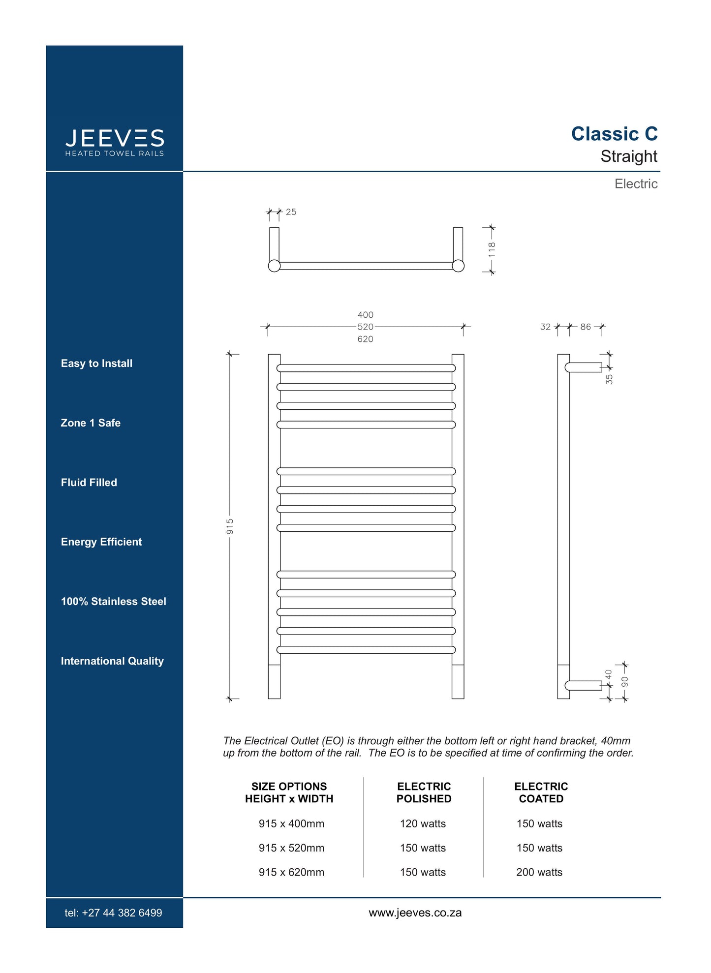 Heated Towel Rail - Jeeves, Classic C Range, 915x520mm, Straight, Mirror Polished, Right Application