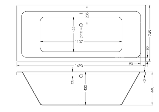 Bath Rectangular - Granada Built In Bath, White, (L) 180cm | (W) 80cm | (H) 44cm