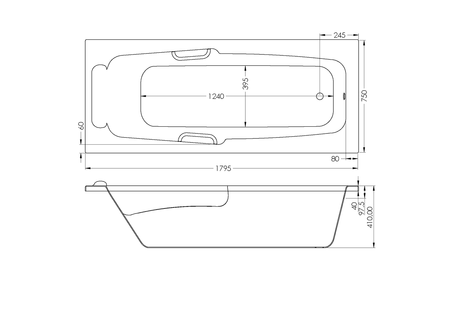 Bath Rectangular - New York Built In Bath, White (Excluding Handles), (L) 180cm | (W) 75cm | (H) 41cm