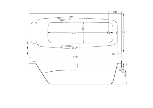 Bath Rectangular - New York Built In Bath, White (Excluding Handles), (L) 180cm | (W) 75cm | (H) 41cm