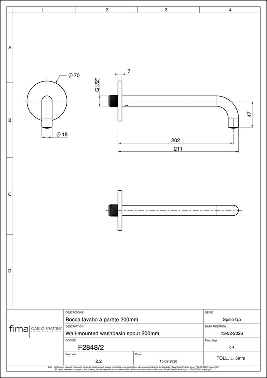 Basin Spout, Fima Wall Mounted, Round, 200mm, Polished Chrome Finish, DZR Brass