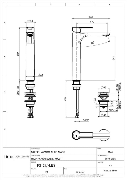 Basin Mixer Raised, Fima Mast Range, Polished Chrome Finish, DZR Brass