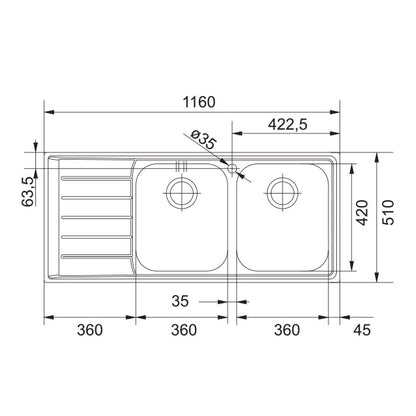 Franke Neptune NEX 621 Double Bowl Stainless Steel Sink 1160 x 510mm – Right Hand Drainer, Includes 90mm Wastes