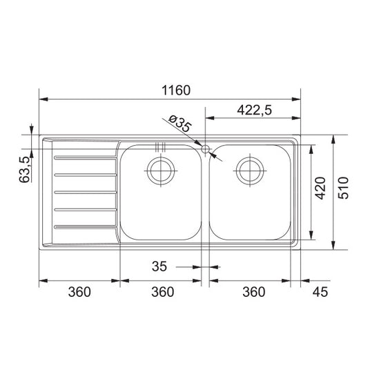 Franke Neptune NEX 621 Double Bowl Stainless Steel Sink 1160 x 510mm – Right Hand Drainer, Includes 90mm Wastes
