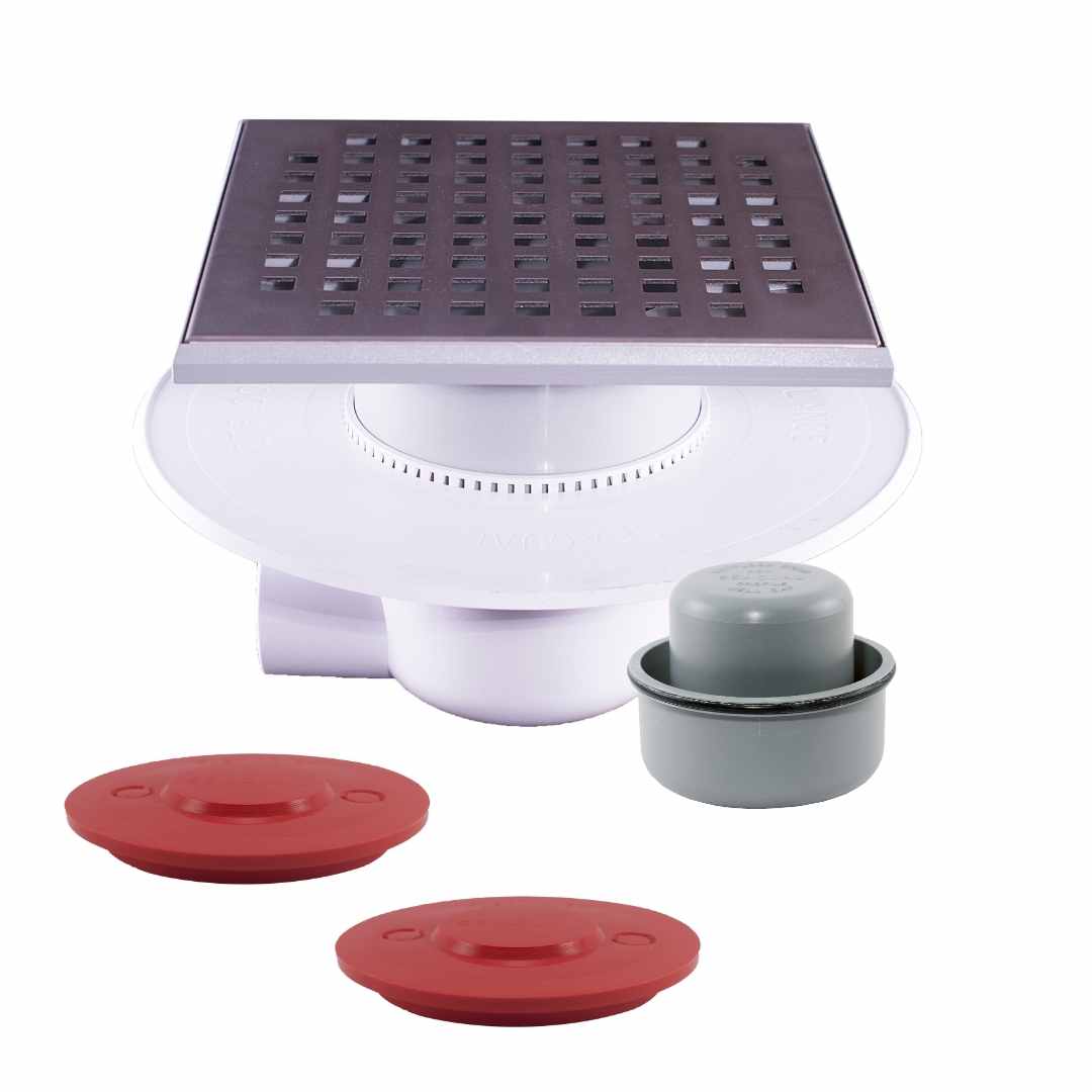 LoloDrain Complete 50mm Side Outlet with 200mmx200mm Stainless Steel Square Hole Grate