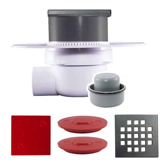 LoloDrain Complete 50mm Side Outlet with 110mmx110mm Gun Metal Grey Stainless Steel Square Hole Grate