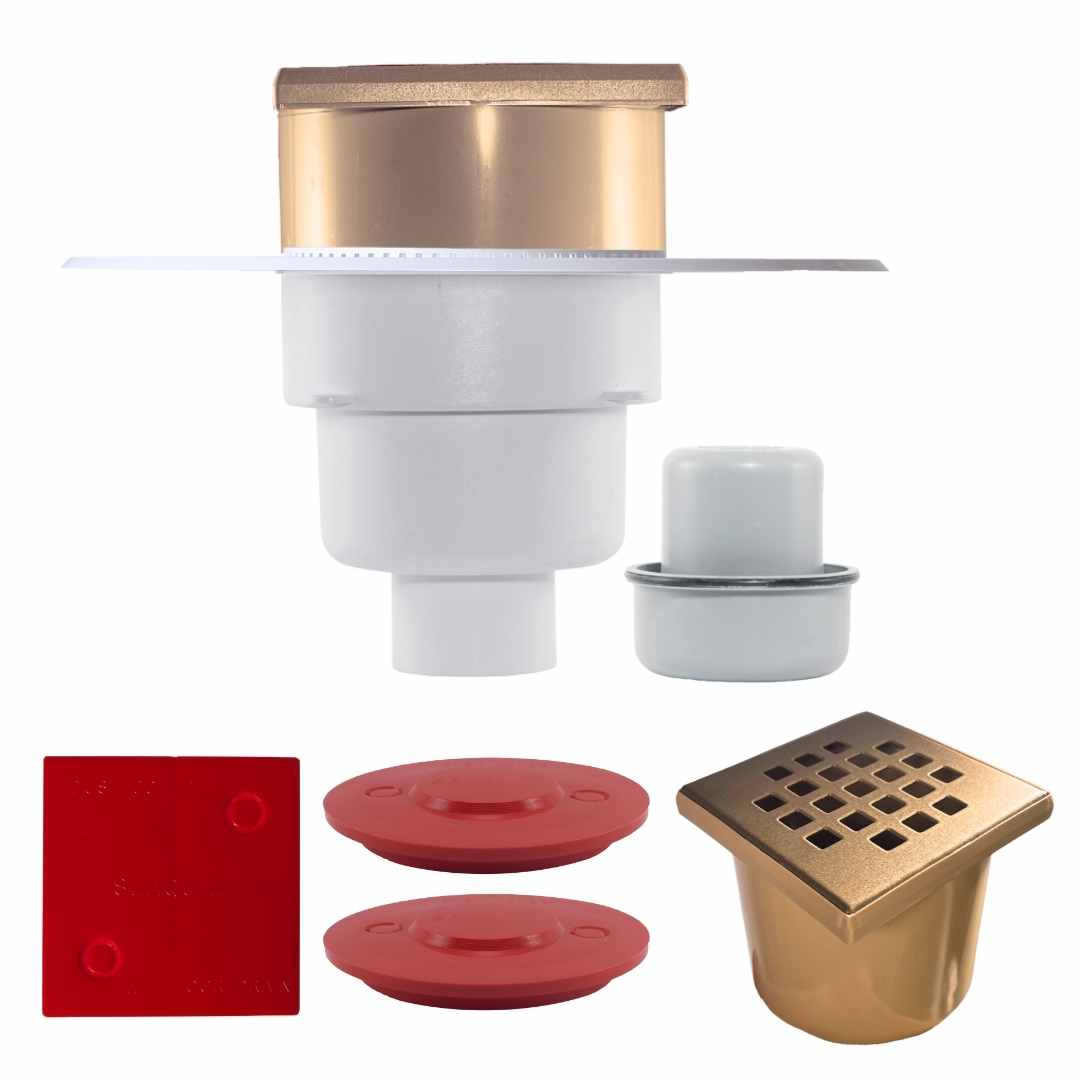 WetFloor 304 All-in-One 50mm Bottom Outlet with 110mmx110mm Brushed Bronze Square Hole Grate