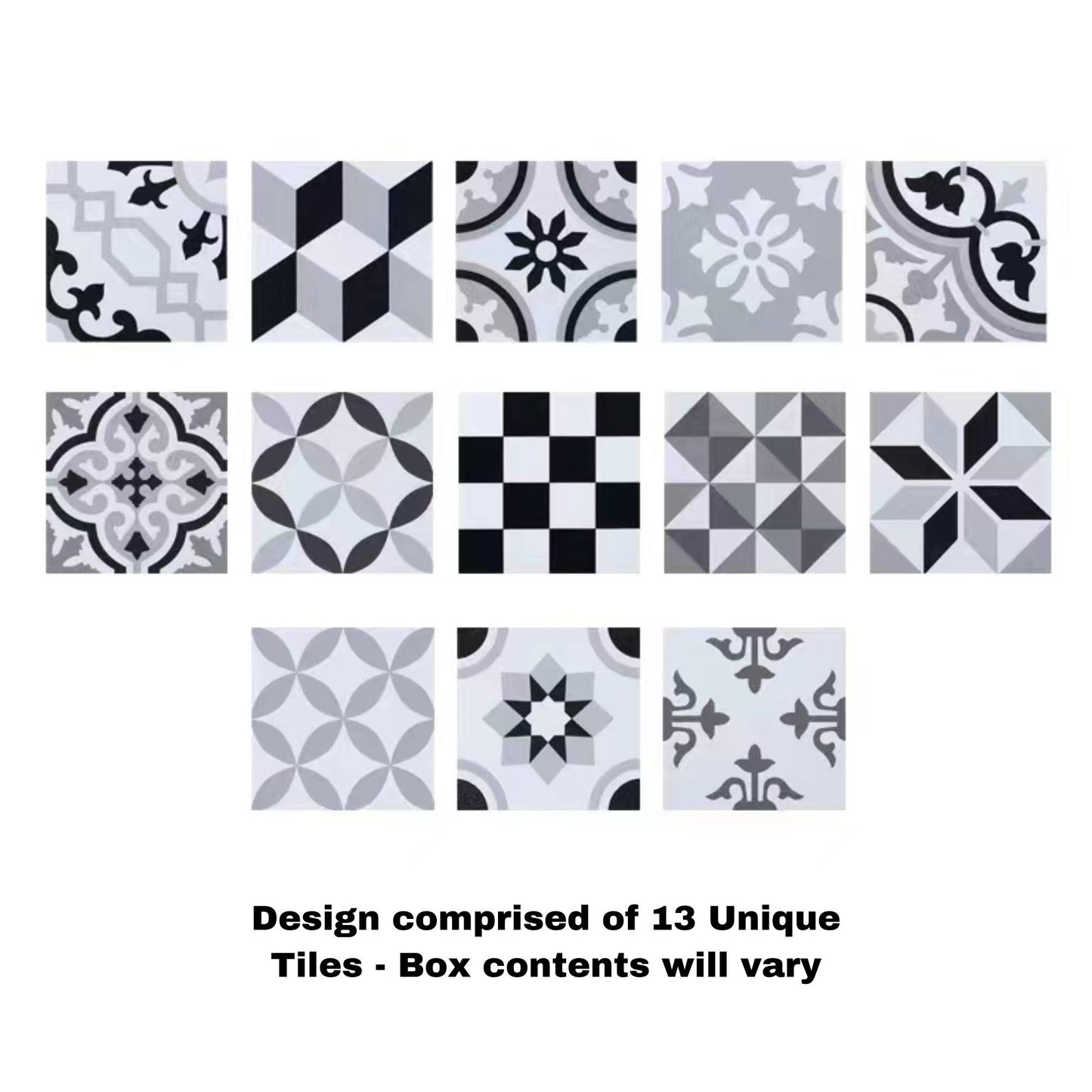 Tile Deco - Monochrome, 13 Unique Tiles, 200x200mm (Box of 30, 1.2 SQM)