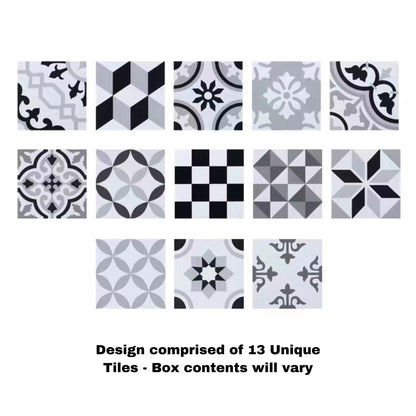 Tile Deco - Monochrome, 13 Unique Tiles, 200x200mm (Box of 30, 1.2 SQM)