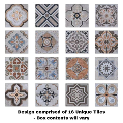 Tile Deco - Moroccan Sunset, 16 Unique Tiles, 200x200mm (Box of 30, 1.2 SQM)