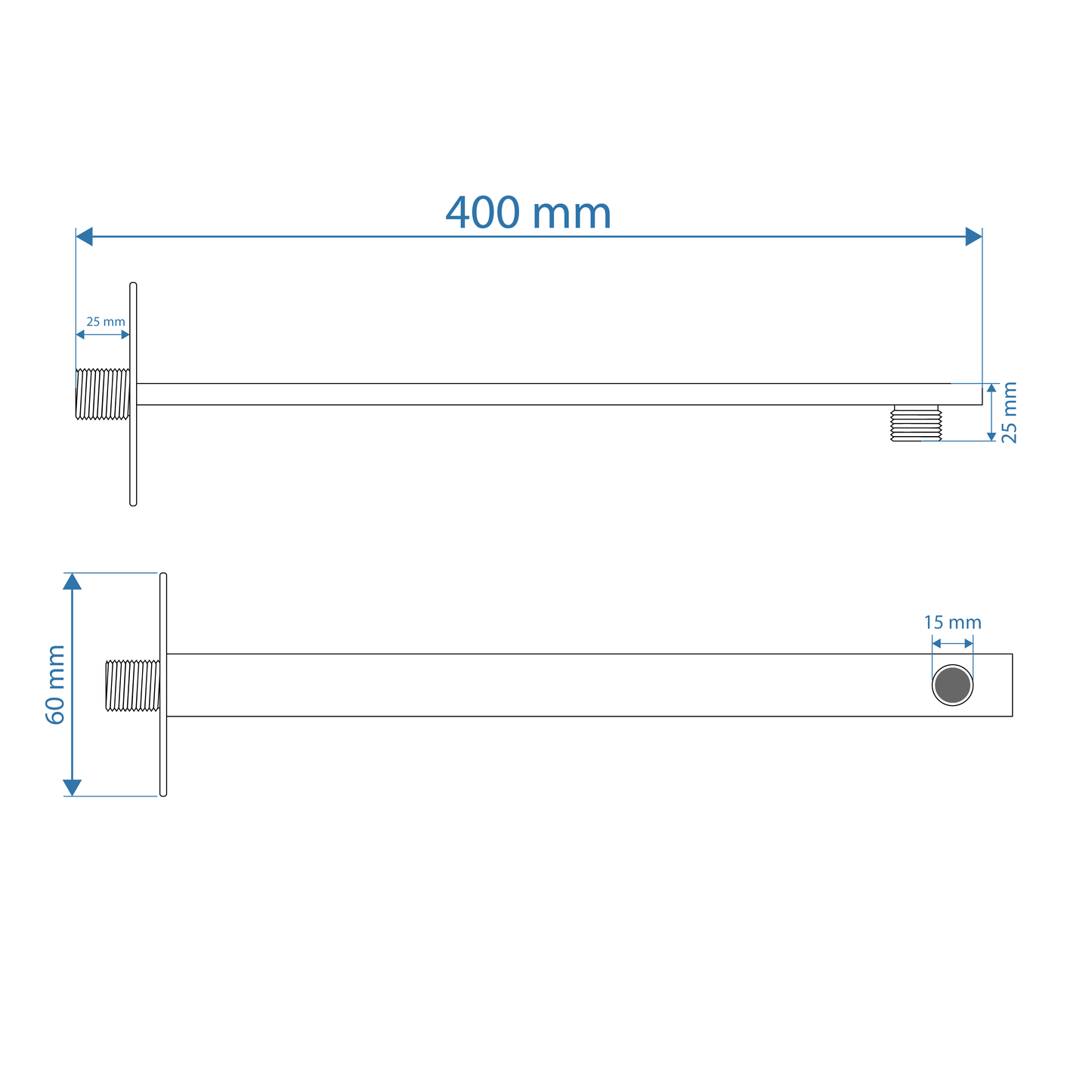 Shower Arm - Premium Range Rectangular 400mm, Polished Chrome Finish