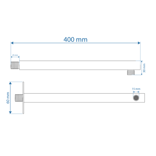 Shower Arm - Premium Range Square 400mm, Polished Chrome Finish