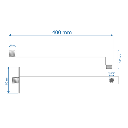 Shower Arm - Premium Range Square 400mm, Brushed Stainless Steel Finish