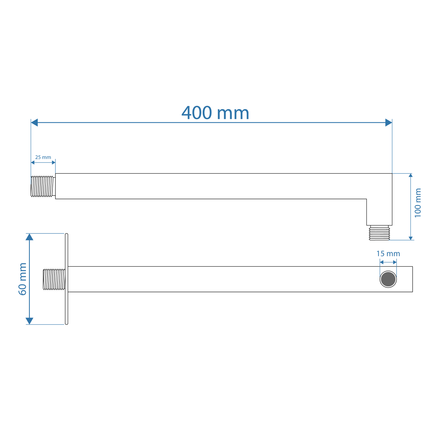Shower Arm - Premium Range Square 400mm, Brushed Gold Finish