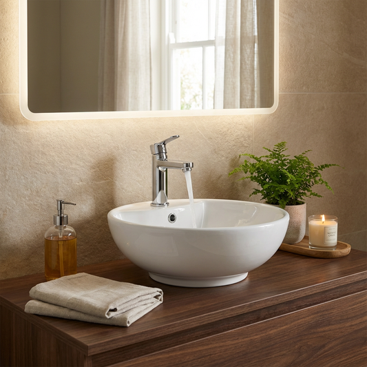 Basin Free Standing Gabriella– Ceramic, 1 Tap Hole, Icon Premium Range, White, (L) 45.5cm | (W) 45.5cm | (H) 17cm