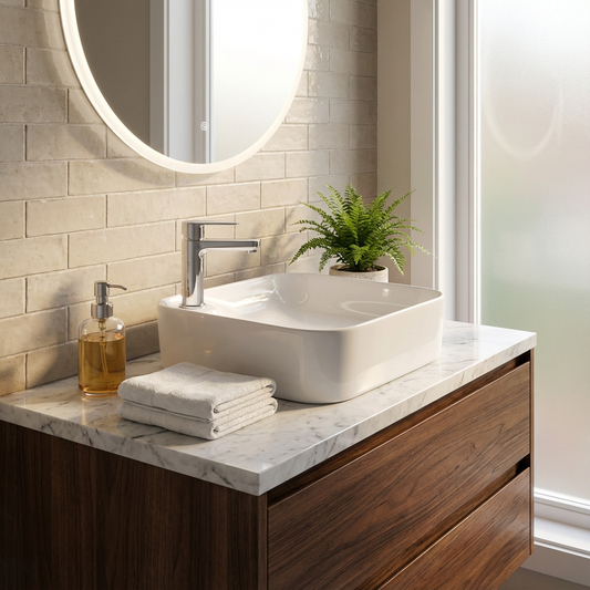 Basin Free Standing Paula – Ceramic, 1 Tap Hole, Icon Premium Range, White, (L) 42.5cm | (W) 42.5cm | (H) 12cm
