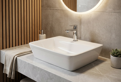 Basin Free Standing Tulip – Ceramic, Rectangular, 1 Tap Hole, Icon Premium Range, White, (L) 45cm | (W) 35cm | (H) 12cm