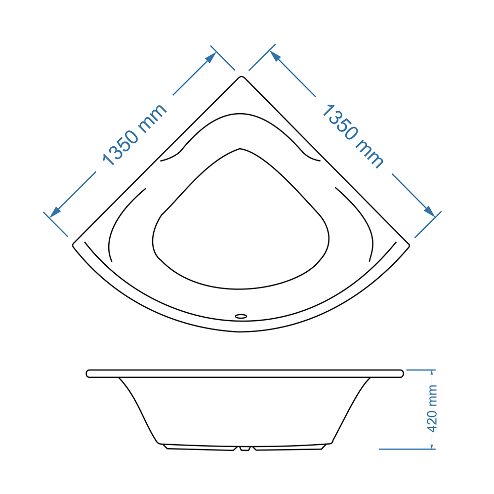 Bath Corner - Jessica Acrylic, White, (L) 135cm | (W) 135cm | (H) 42cm