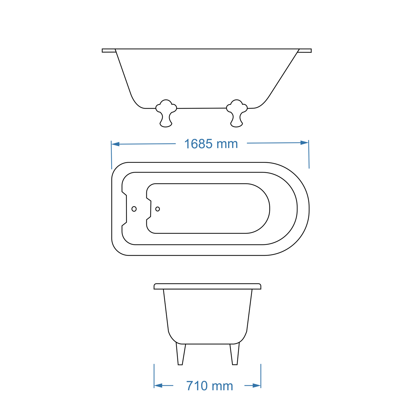 Bath Freestanding Oval - Oxford White with Cast Iron Feet 1685mm