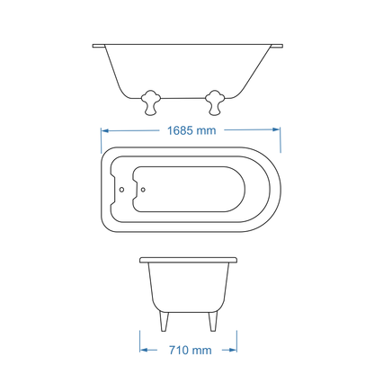 Bath Freestanding Oval - Oxford White with Cast Iron Feet 1685mm
