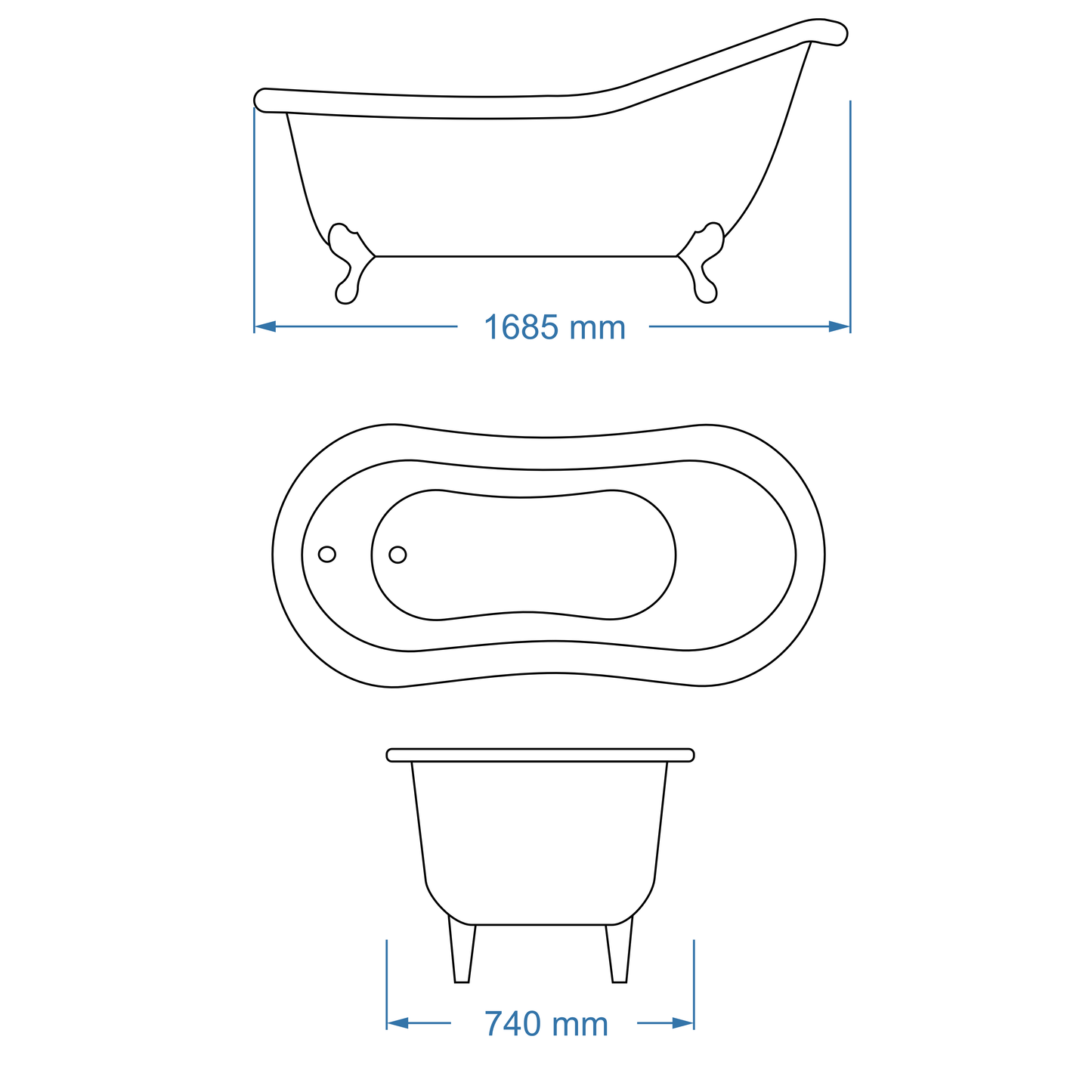 Bath Freestanding Slipper - Salisbury with Cast Iron Feet 1685mm