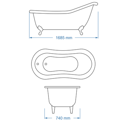 Bath Freestanding Slipper - Salisbury with Cast Iron Feet 1685mm
