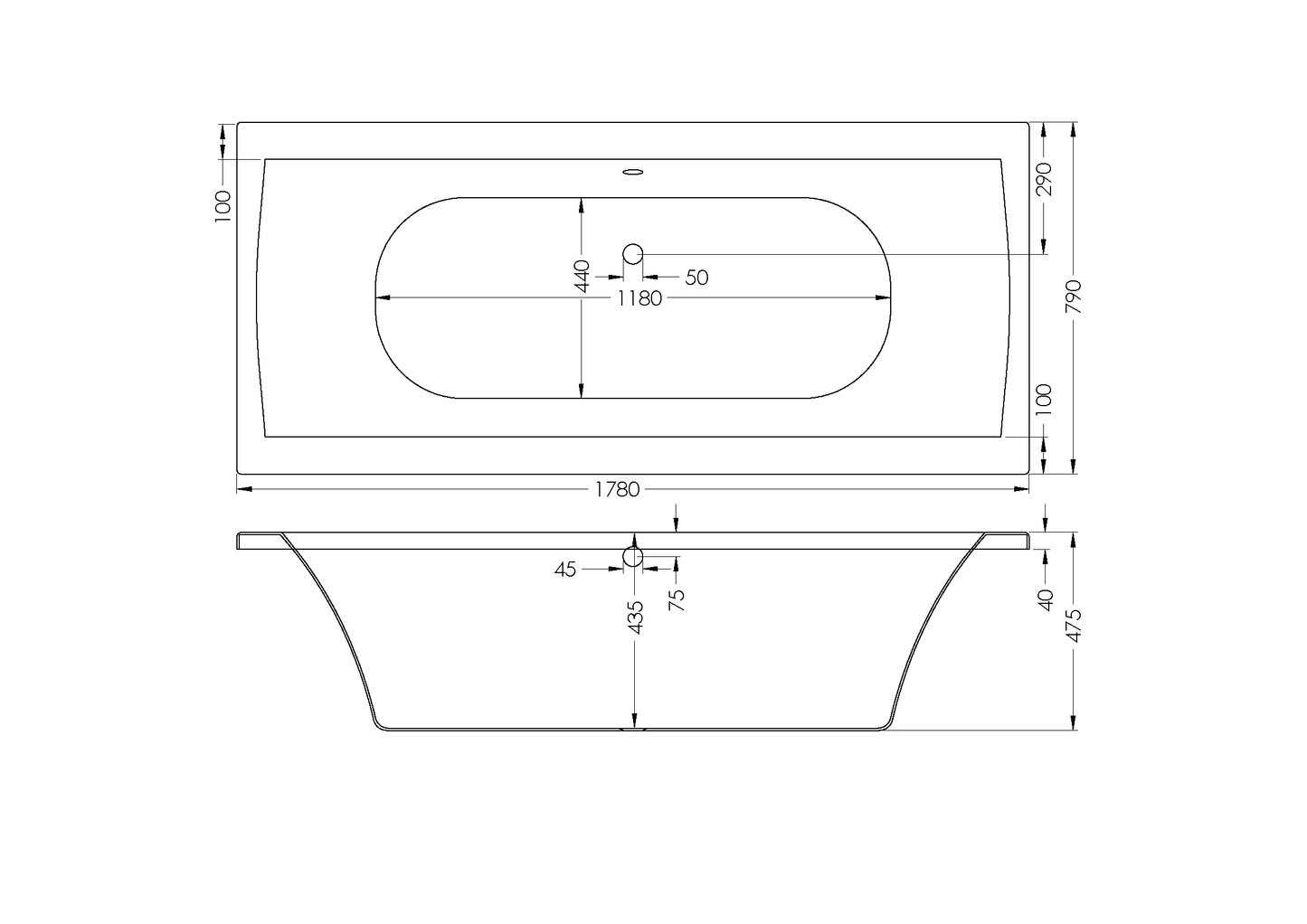 Bath Rectangular - Bergamo Built In Bath, White, (L) 180cm | (W) 80cm | (H) 44.5cm