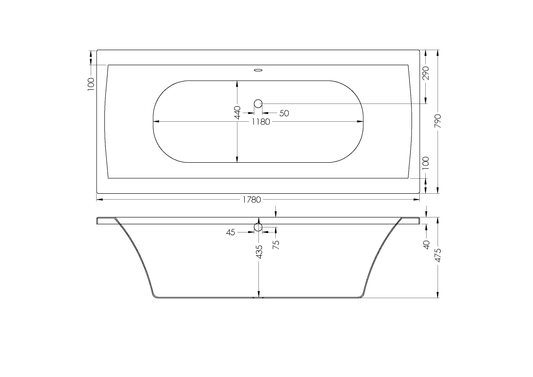 Bath Rectangular - Bergamo Built In Bath, White, (L) 180cm | (W) 80cm | (H) 44.5cm