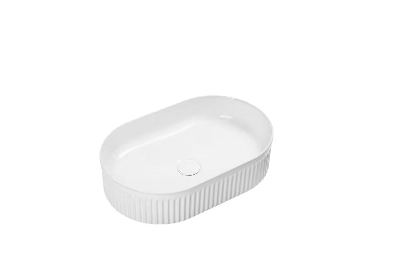 Basin Free Standing Comfort Ribbed – Lecico, Oval, Ceramic, 0 Tap Hole, White, (L) 31cm | (W) 49cm | (H) 13cm