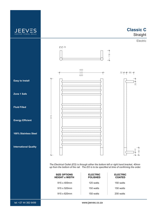 Heated Towel Rail - Jeeves, Classic C Range, 915x520mm, Straight, Mirror Polished, Left Application
