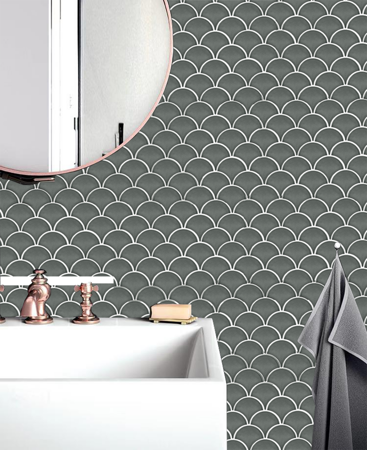 Mosaic Porcelain - Glazed, Fans, Sage Grey, 73mm