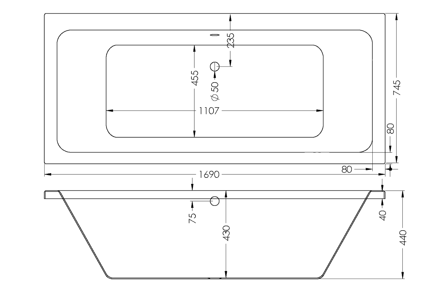 Bath Rectangular - Granada Built In Bath, White, (L) 180cm | (W) 80cm | (H) 44cm