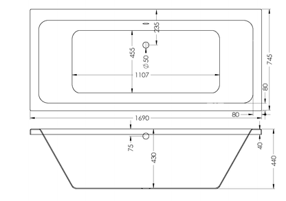 Bath Rectangular - Granada Built In Bath, White, (L) 180cm | (W) 80cm | (H) 44cm