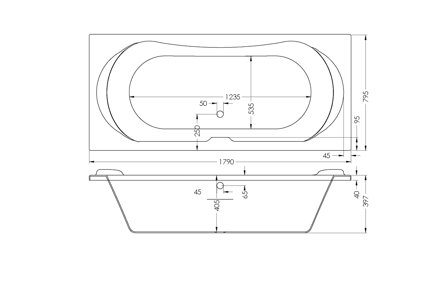 Bath Rectangular - Milano Built In Bath, White, (L) 180cm | (W) 80cm | (H) 40cm