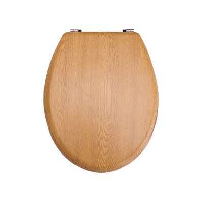 Toilet Seat - Oak Wooden with Chrome Plated Hinges, Premium Icon Range