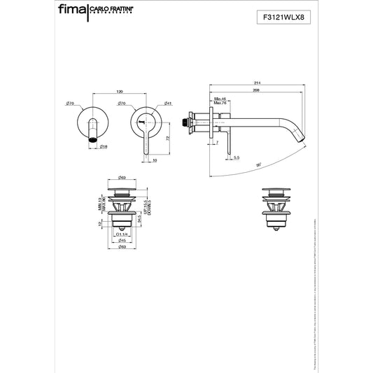 Basin Mixer Wall Mounted, Fima Snap Range, Polished Chrome Finish, DZR Brass