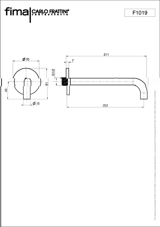 Bath Spout, Fima Wall Mounted, Round, 200mm, Polished Chrome Finish, DZR Brass