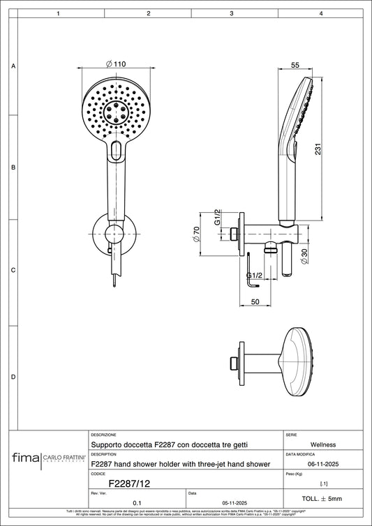 Hand Shower & Wall Outlet & Hose, Fima Round, ABS, 3 Jets, Polished Chrome Finish