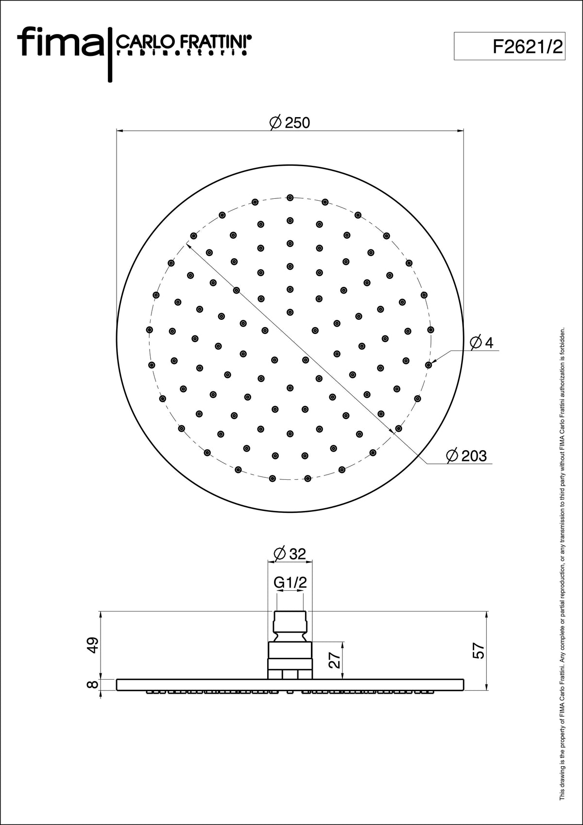 Shower Head, Fima, Round, 250mm, Polished Chrome Finish, Brass