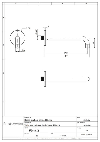 Basin Spout, Fima Wall Mounted, Round, 200mm, Polished Chrome Finish, DZR Brass