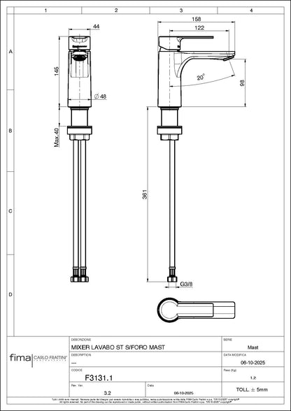 Basin Mixer Standard, Fima Mast Range, Polished Chrome Finish, DZR Brass