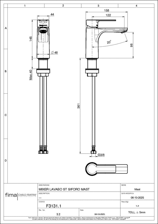 Basin Mixer Standard, Fima Mast Range, Polished Chrome Finish, DZR Brass